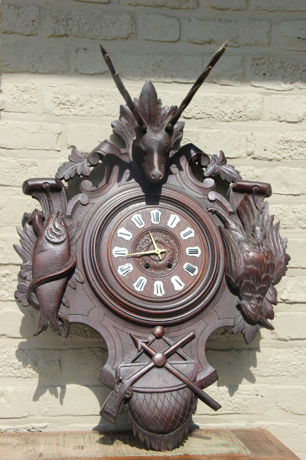 antique German 1900 Black forest wood carved Wall clock hunting trophy fish bird