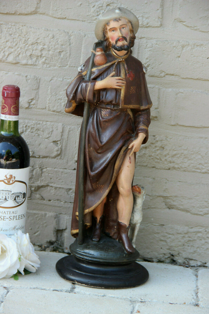 RARE antique Religious SAINT ROCH dog Statue Church Plaster polychrome  1930