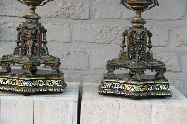 PAIR french antique Bronze putti dragon gothic castle candelabras candle holder
