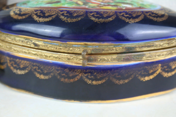 Antique Cobalt blue porcelain bonbonniere box victorian scene marked
