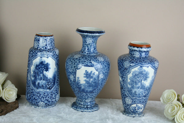 SET 3 Antique Royal bonn Blue white flamand decor nature theme Vases marked