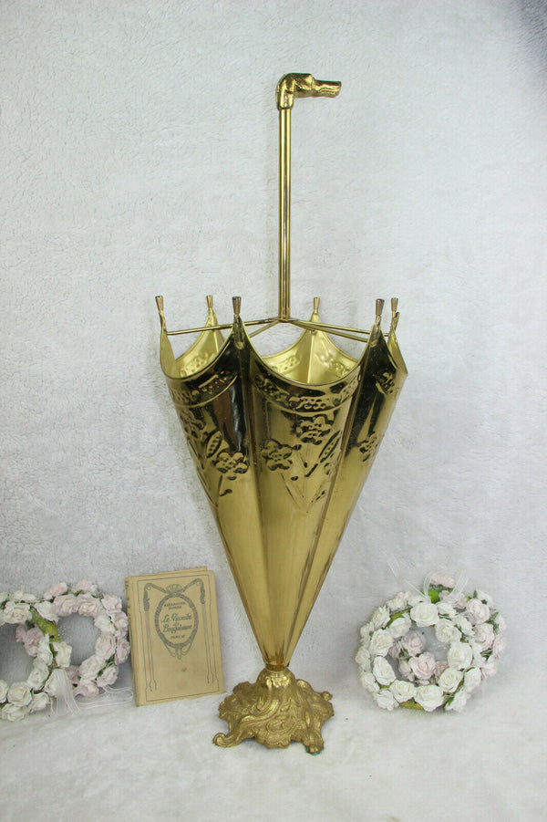 Vintage French Brass metal Dog whippet head umbrella stand holder 1970