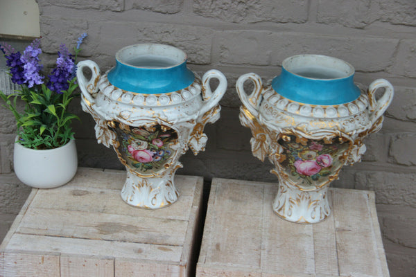 PAIR antique French vieux paris porcelain vases Floral hand paint decor