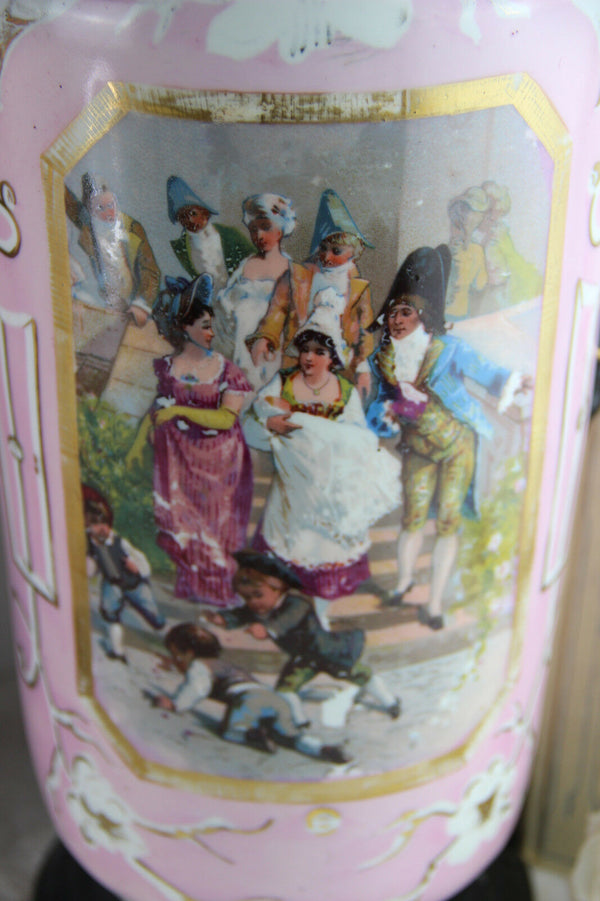 PAIR XL French antique faience Rose napoleon scene Vases 1920