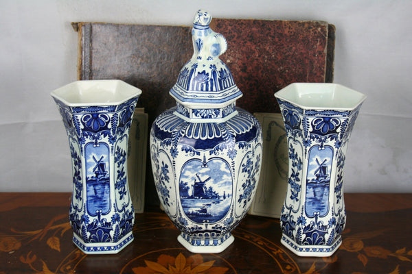 SET Blue - white pottery Delft Mills Landscape Vases set marked made by BOCH