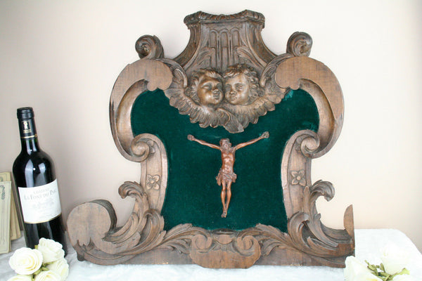 Old 1800 Religious Wood carved altar piece putti cherubs crucifix christ French