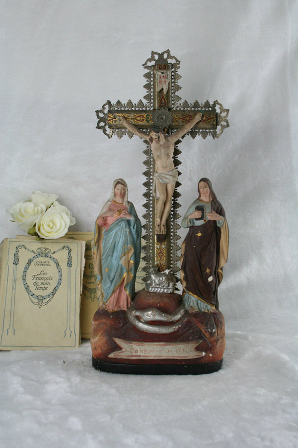 Antique French Plaster chalkware crucifix calvary biscuit Mary MAgdalena Christ