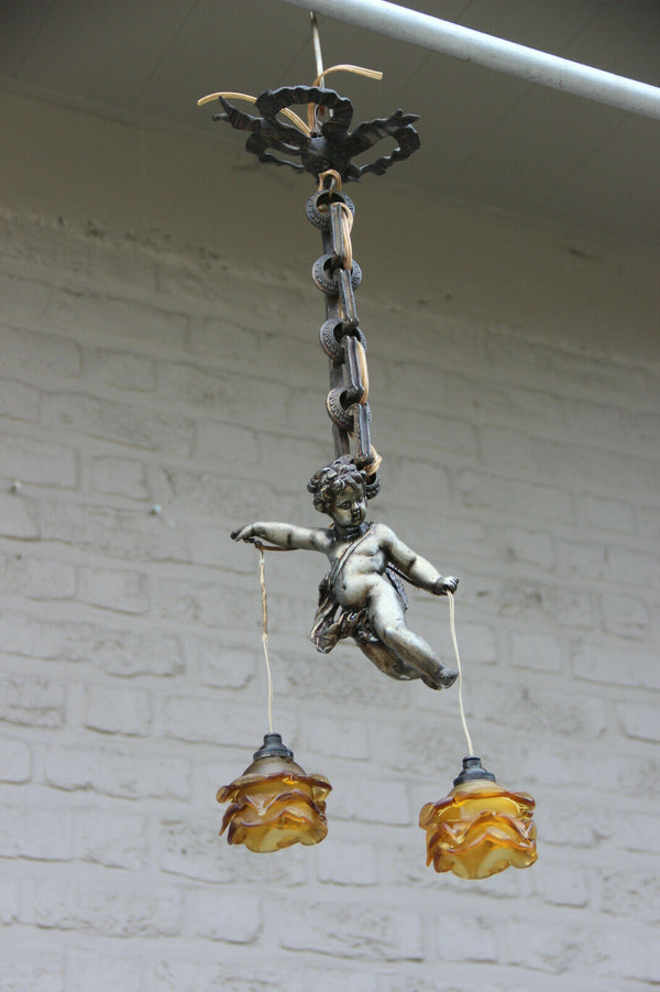 Superb antique parisian bronze putti angel pendant lantern chandelier