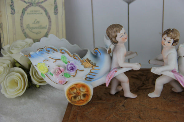PAIR german bisque porcelain putti carriage figurines statue floral
