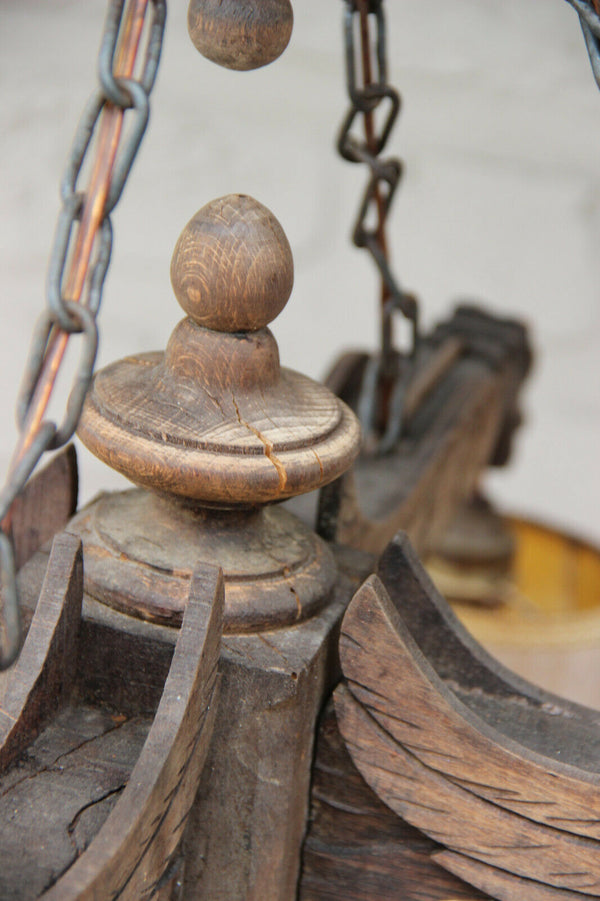 Antique French Gothic Castle 4 Dragon chimaera Chandelier wood carved 19thc