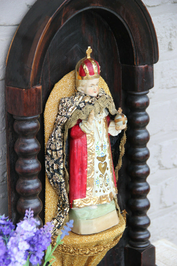 Antique French wood carved chapel with jesus of prague porcelain figurine cape