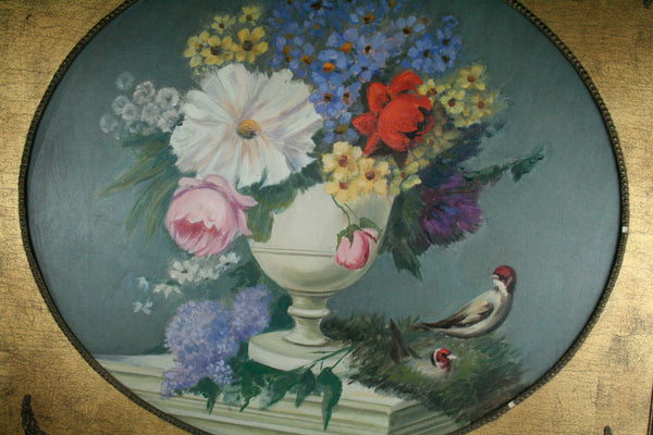 Gorgeous Flemish school Oil canvas painting birds oval framed 1970's flowers