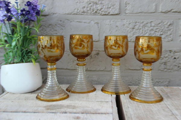 Antique Set 4 Bohemia yellow Crystal glass glasses deer hunting theme