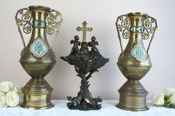 RARE antique religious Holy water font Vases set Putti Devil Dragons set church