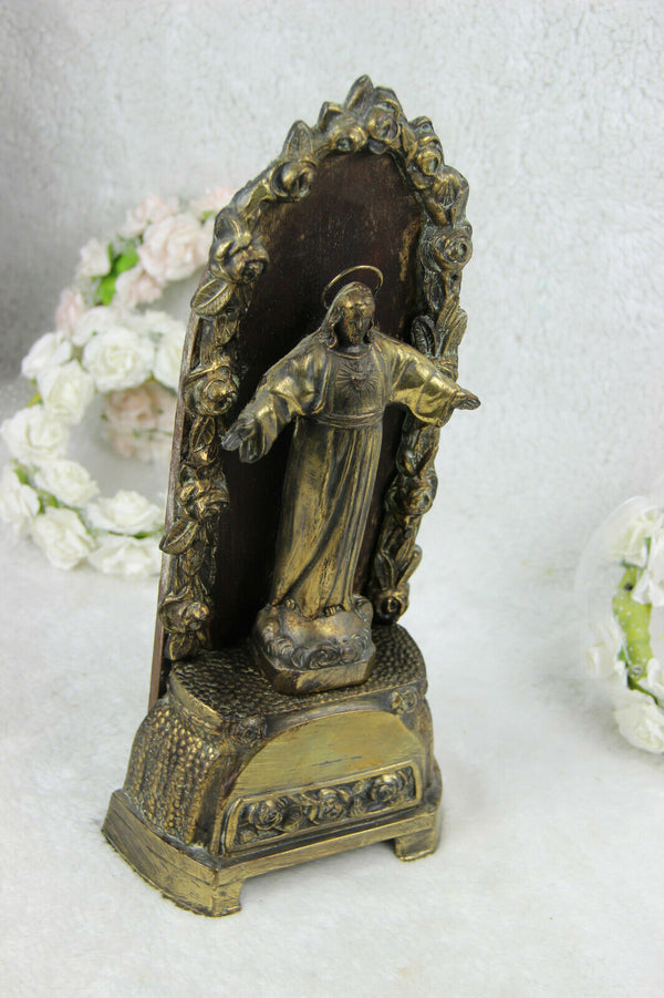 Rare Antique art nouveau 1900 spelter bronze christ in chapel religious statue