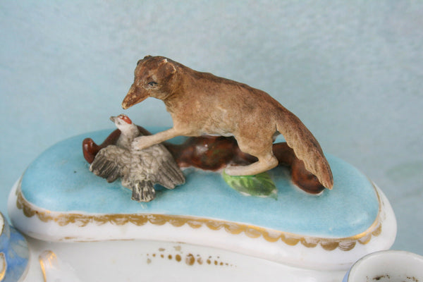 Antique French vieux Paris Porcelain Inkwell fox hunting pheasant 19th c