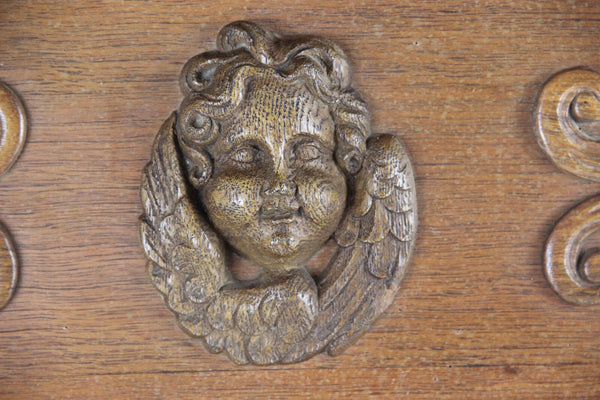 Antique Flemish wood oak carved coat rack wall putti heads 1930