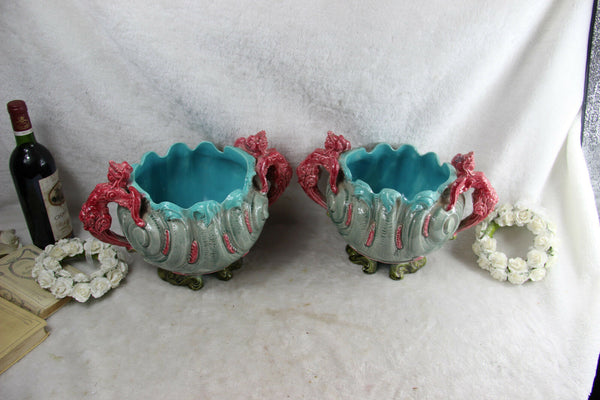 PAIR French art nouveau barbotine majolica Caryatid lion head palnter jardiniere