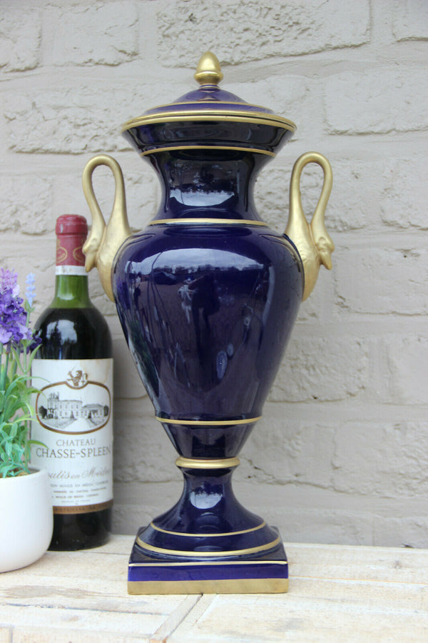 French cobalt blue limoges porcelain hand paint floral Vase swan handles