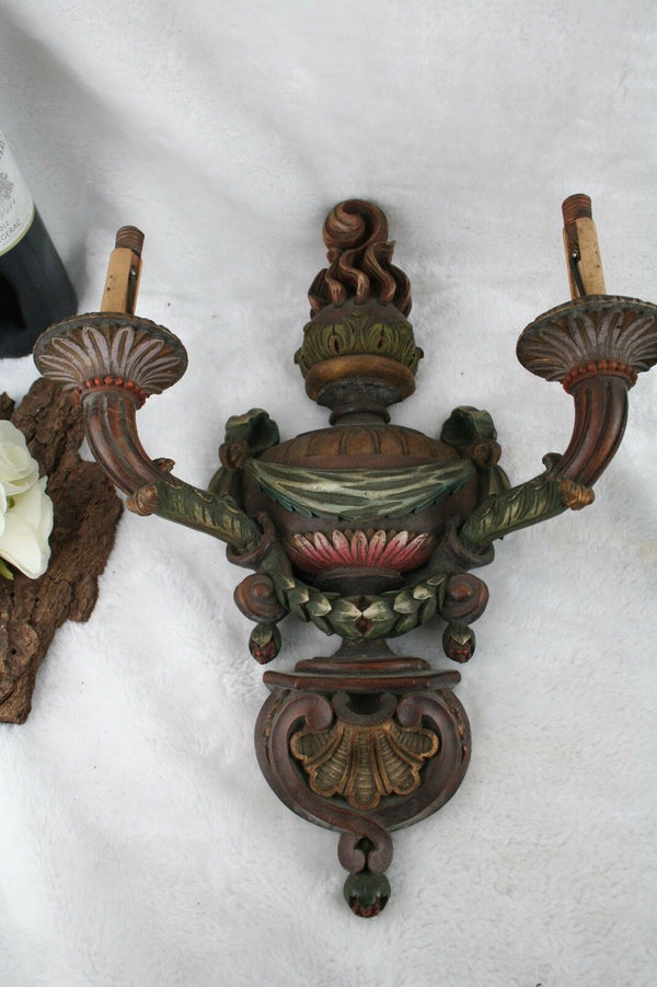 PAIR rare italian wood carved polychrome 1920 Sconces wall lights 2 arms