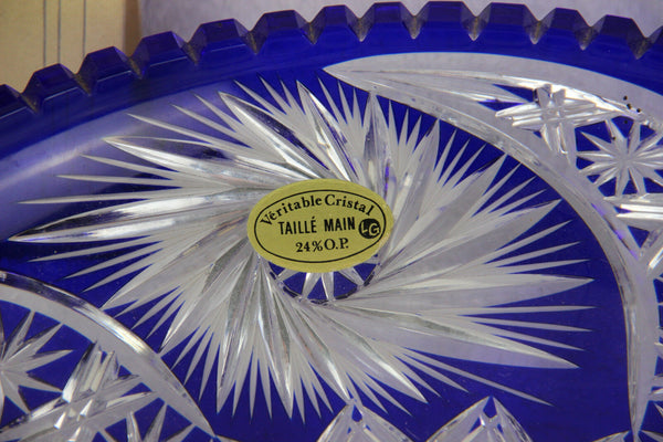 HUGE 1960 hand cut Bohemian Top crystal glass cobalt blue Fruit tray plate