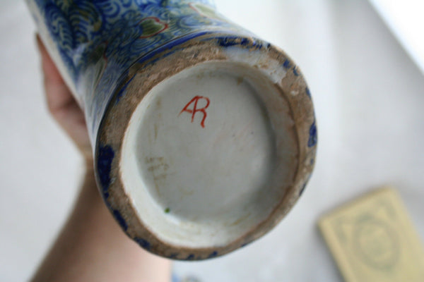 Unusual RARE DELFT marked Kocks Moonflask floral polychrome peacock Vases