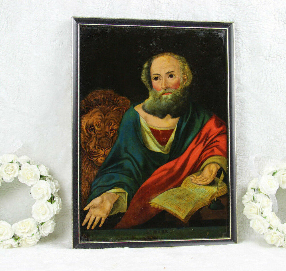 Antique 1880 religious Eglomise reversed mirror painting evangelist Mark Marcus