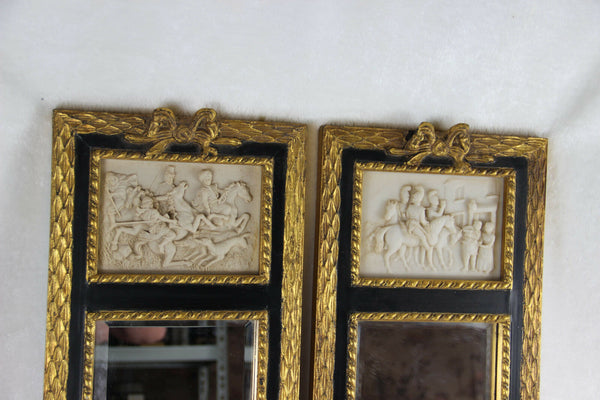 PAIR french vtg Wall mirror wood frame resin cast marble scenes knights 1960s