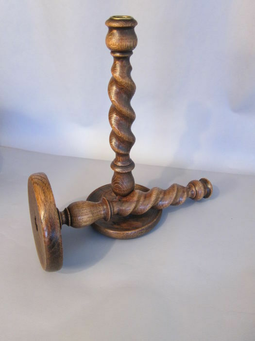 Antique pair Rustic English Oak Wood Candlesticks Barley twist candle holder
