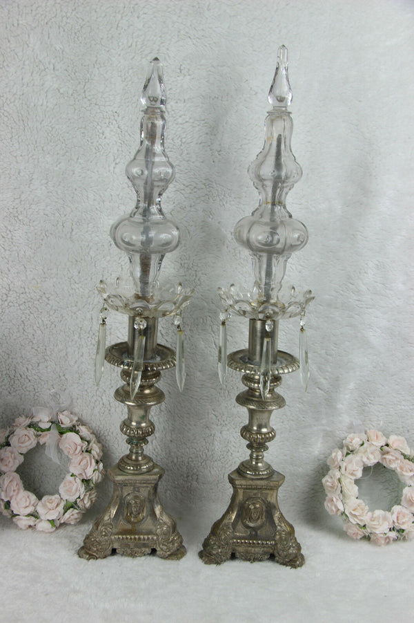 PAIR antique religious Bronze Candlesticks church crystal glass portrait heads