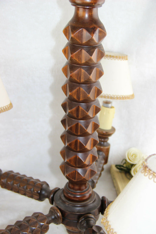 French art deco Wood carved 5 arms chandelier barley twist geometric design rare