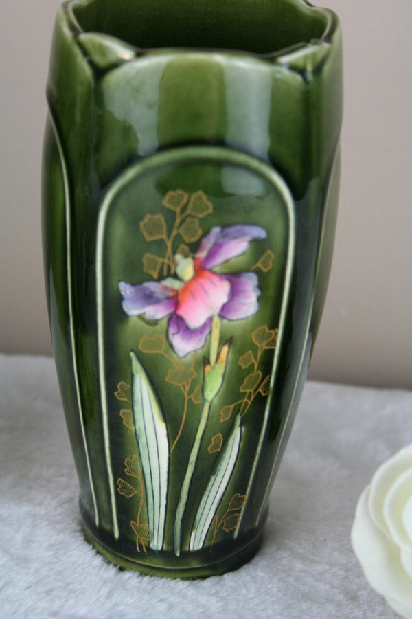 PAIR Art Nouveau vases polychrome floral decor iris fives lille pottery de bruyn