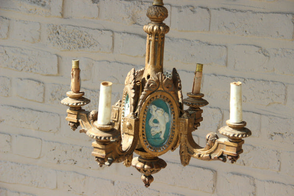 Antique French Wood carved  chandelier putti Angel scenes medaillon wedgwood