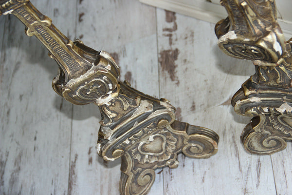 PAIR antique italian religious altar church candelabras candlestick wood carved