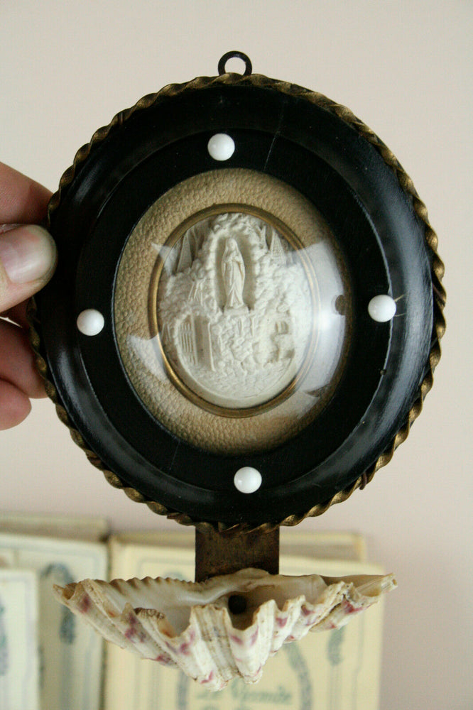 Antique 19th c French Meerschaum Madonna Mary figurine holy water font shell