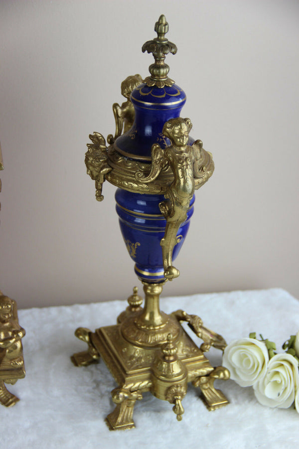 Unusual XL Faience Clock set Caryatid Vases porcelain plaque 1960's gorgeous