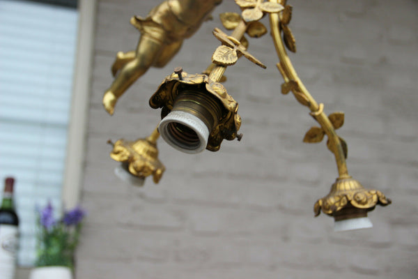 Antique French Bronze Winged putti angel figurine chandelier pendant lamp 3 arm