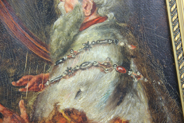 Antique oil panel painting religious theme king david playing harp after Rubens