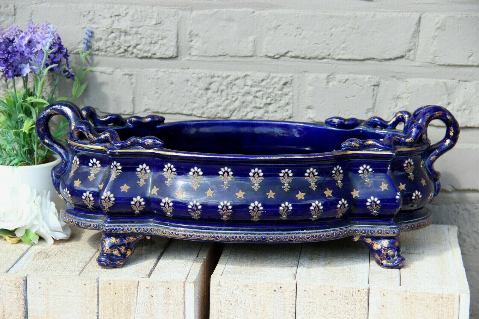 XL French antique majolica planter jardiniere Fleur de lys enamel dolphin snake