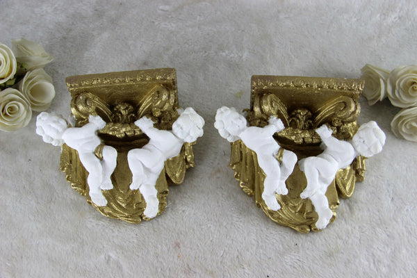 PAIR cute French chalkware putti angels Wall consoles Gold white 1970