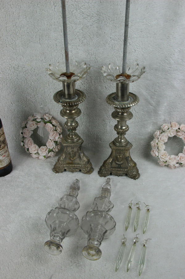 PAIR antique religious Bronze Candlesticks church crystal glass portrait heads