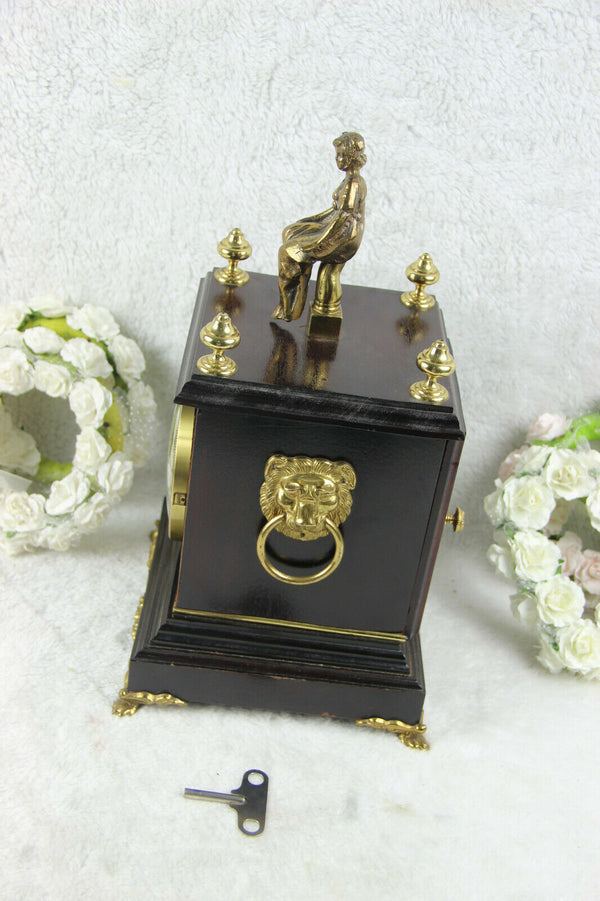 Vintage VANGESTEL Wood carved clock with bronze lady and lion heads 1970s FHS