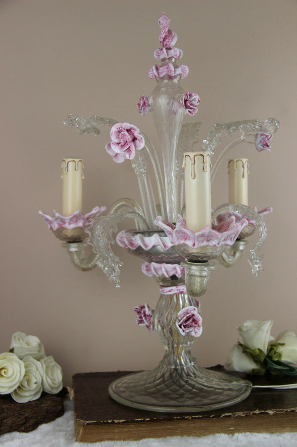 Rare Murano Venetian italian hand blown Girandole Lamp 3 arms pink clear glass