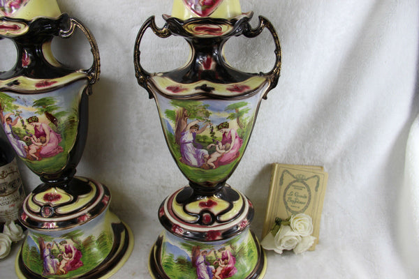 PAIR HUGE England Faience Romantic victorian Lidded VASES putti