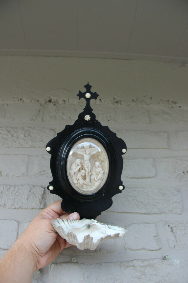 Antique French napoleon III meerschaum religious wood carved holy water font