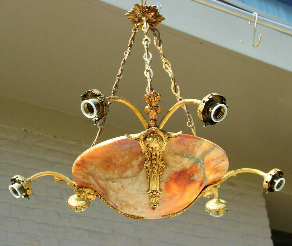 Antique French alabaster amber bowl Caryatid bronze portrait head chandelier