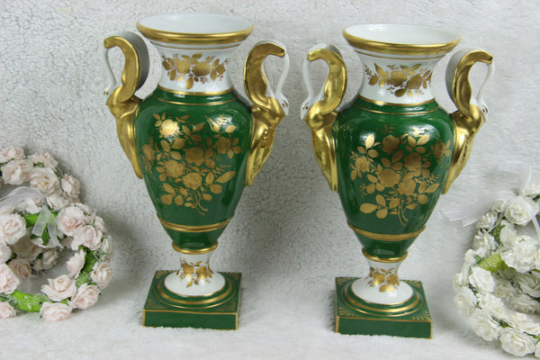 PAIR French Limoges PILLIVUYT marked porcelain Floral vases swan handles