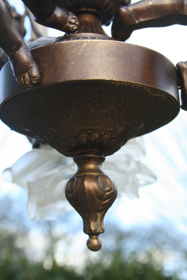 French 1950 spelter brass Angels putti cherubs chandelier candleholder 3 arms