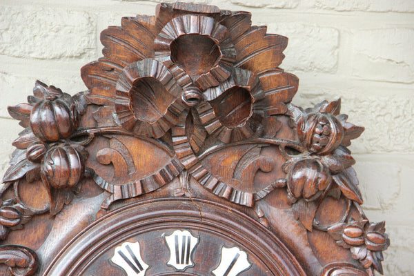 XL Top antique BLACK FOREST wood carved Wall clock Floral decor