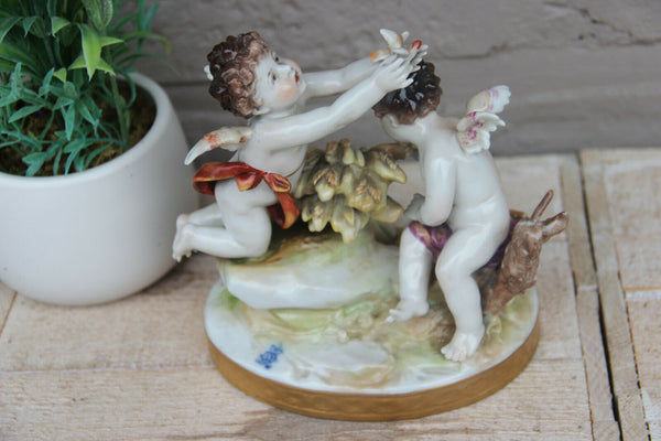 Antique German Volkstedt porcelain marked putti group figurine statue bird